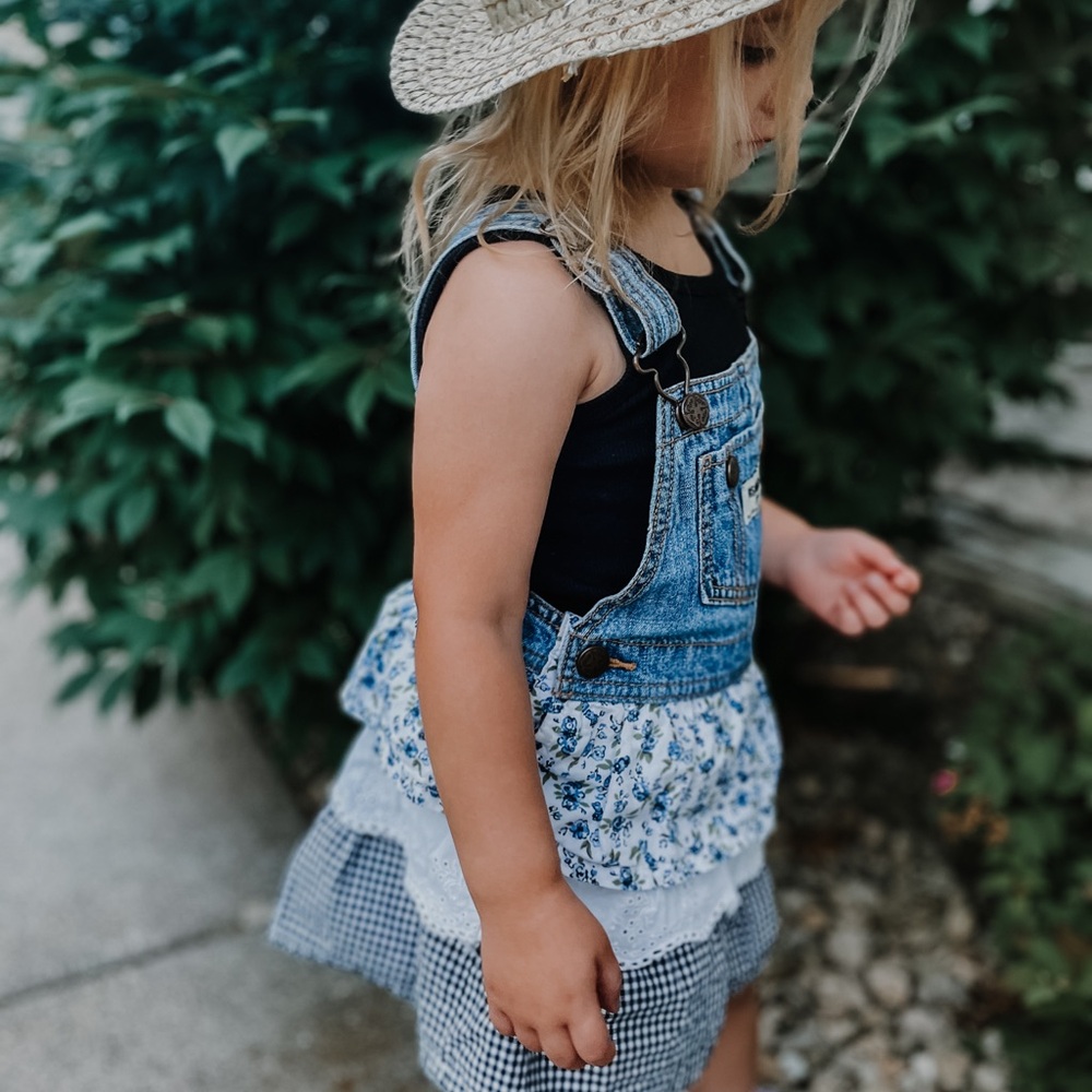 3T • Oshkosh Picnic Overall Sundress Checkered, Layered, Denim, Floral